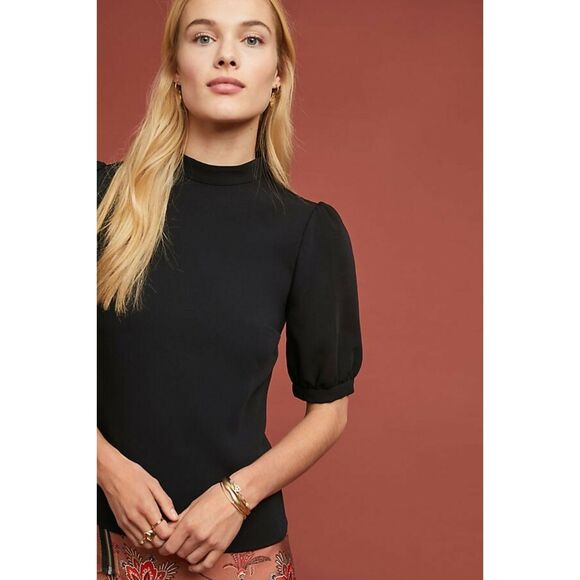 Maeve by Anthropologie Black Mock Neck Puff Sleeve Top Blouse Anthro Size 6 - Picture 2 of 10